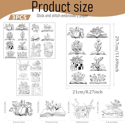 Water Soluble Embroidery Patterns Stabilizers, 3 Sheets Book Lover Stick and Stitch Papers Wash Away, Cat Flower Transfers Papers DIY Crafts Gifts for Hand Sewing Lover Beginners - size: Book Flower