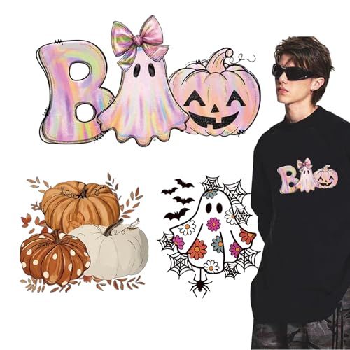Halloween Iron on Transfers Pumpkin Spider Iron on Patches 3 Sheets Fall Heat Transfer Vinyl Designs Cute Ghost Iron on Decal for Hat Women&Men T-Shirt Pillow Canvas Bag DIY Decor - size: S2