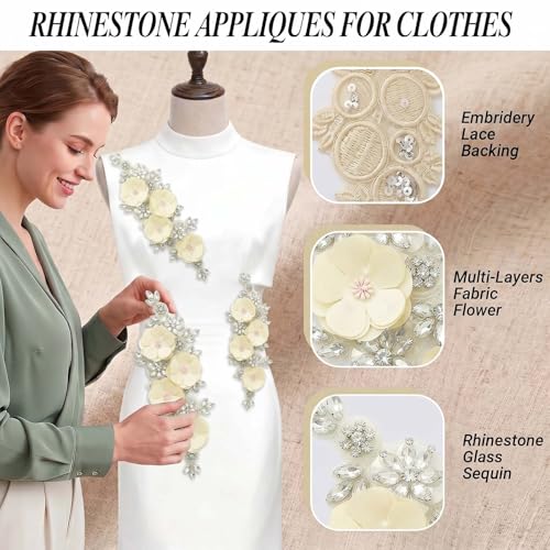 Handmade 3D Flower Embroidery Applique Rhinestone Lace Patches, Beige, 1 PC - color: Beige