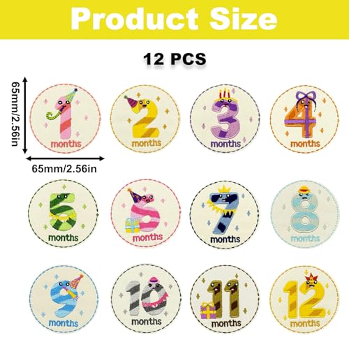12PCS Monthly Milestone Iron On Patches, Round Number Embroidery Appliques - color: Month