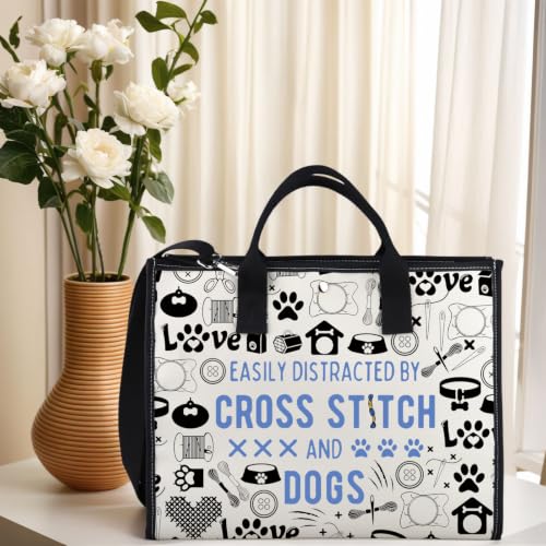 GJTIM Cross Stitching & Dogs Lover Gift Cross Stitching Project Bag Easily Distracted By Cross & Dogs Canvas Tote Bag