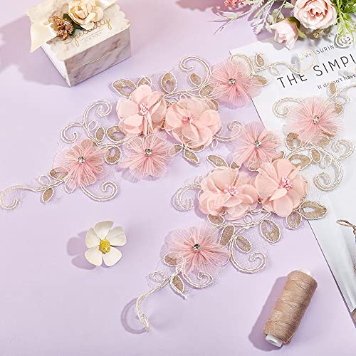NBEADS 2 Pcs 3D Flower Lace Applique with Rhinestone, Pink Flower Lace Patches Floral Embroidered Appliques Ornaments Sew on Patches for DIY Clothing Wedding Dressing Decoration - color: Pink Flowers with Rhinestone-2 Pcs