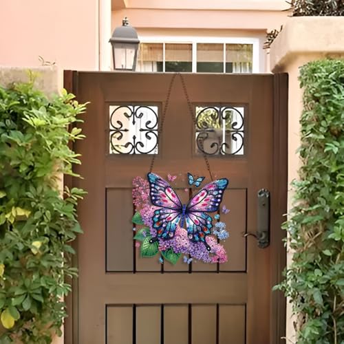 STGLCR Butterfly Diamond Art Hanging Kit for Adult,Special Shaped DIY Acrylic 5D Flowers Diamond Art Painting Window Pendants Home Garden Wall Hanging Kits Hanging Ornament 7.8inch Purple Foral - color: 92-Butterfly Flower purple