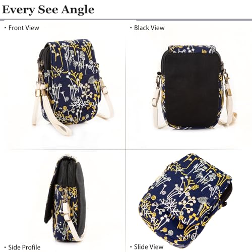 Embroidery Flowers Canvas Crossbody Bag, Women Messenger Bag, Cellphone Pouch Purse - color: Deepblue Grass
