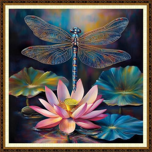 Redxing Counted Cross Stitch Kit for Beginners,Unprinted Needlepoint Kits for Beginners Cross Stitching Embroidery Kit 11CT Stitches kit-Dragonflies, Lotus Flowers 18x18 inch - color: KitColors08