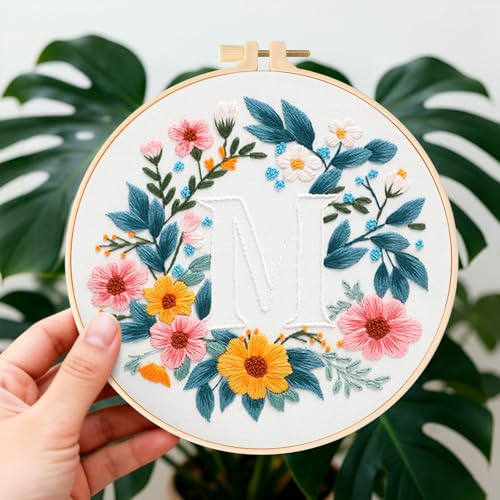 Zerzsy 7.87 '' Embroidery Kits Plant Flower Leaf English Letter Patterns for Beginners Adults, Easy to Learn Cross Stitch Kit for Home Office Decor - color: Letter M