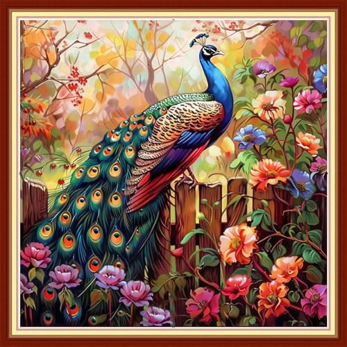Redxing Stamped Cross Stitch Kits - Beach Night Landscape Counted Cross Stitch Kits for Beginners Adults Needlepoint Cross-Stitch Patterns-Peacock Flower 18x18 inchs - color: ArtsKit06