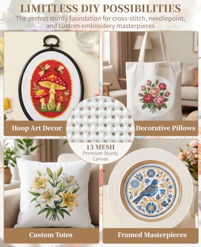 2 Pack 13-Mesh Needlepoint Canvas, 20" x 18" White Embroidery Blank Fabric for Cross Stitch & DIY Crafts