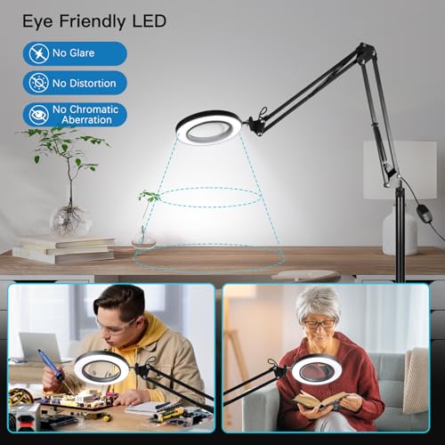 ZABOUL 10X Magnifying Floor Lamp, 3-in-1 Hands Free Magnifying Glass with Light and Stand, 2 Color Modes with Clamp for Esthetician Facials Close Work Reading