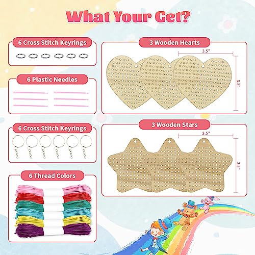 VKPI Wooden Cross Stitch Kits for Kids, Make Your Own 6 Cross Stitching Keyrings, Wood Sewing Kit, Arts & Crafts Stars, Hearts Ornaments, Plastic Needle Embroidery Kit for Beginners, Girls, 6-13 - color: Star & Heart