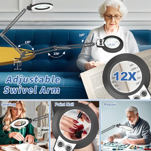 HITTI 12X Magnifying Glass with Light,Upgrade Infinite Color - size: 12X 11.8 INCH Base & Clamp