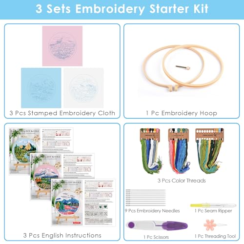 ERKOON 3 Sets Embroidery Kit, Floral Cross Stitch Set for Include Embroidery Cloth Hoops Threads for Craft Lover Hand Stitch (Landscapes) - color: Landscapes
