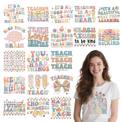 Dtf Transfers Ready to Press - 20 Pcs Teacher Iron on Patches for T-Shirts, Colorful Bow Daisy Heat Transfer Designs Vinyl Stickers, Inspirational Iron on Decals for DIY Clothes Bags - color: Teacher