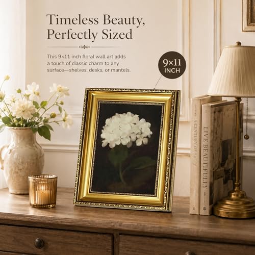 Gold Framed White Hydrangea Flower Wall Art,Vintage Floral Canvas Painting - color: Hydrangea Gold Framed, size: 11"L x 9"W