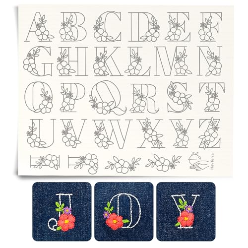 Stick and Stitch Embroidery Patterns, Floral/Alphabet Designs, Water Soluble Embroidery Stabilizer Transfer Paper, Beginner Hand Embroidery Kit for Gifts (Floral Alphabet) - color: Floral Alphabet