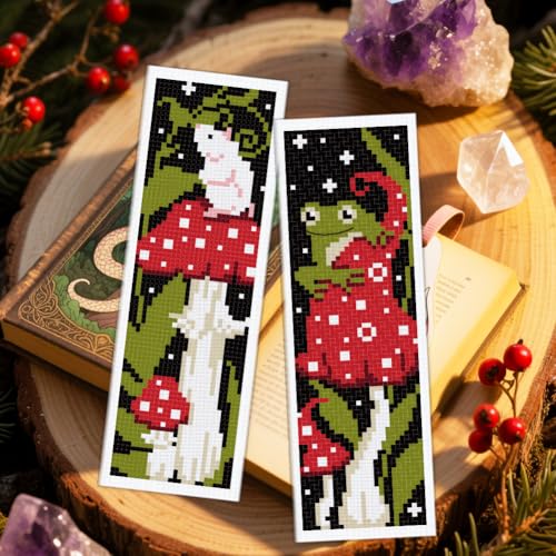ACRNIGHEET 6PCS Stamped Cross Stitch Bookmark Kit for Beginners Mushroom - style: Mushroom Patterns