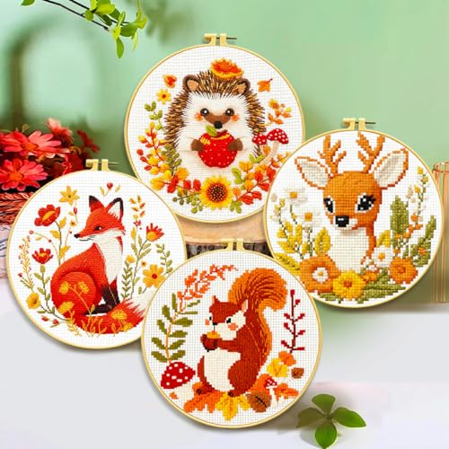 Zhenqing Autumn Animals Cross Stitch Kit - 4-Piece Set with Pre-Printed 11CT 24x24cm Fabric, Hoop & Tools, Fall Theme Animal Designs for Beginners (70412) - color: 70412
