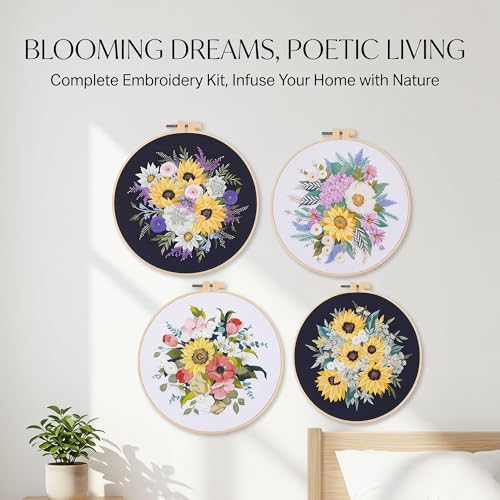 Harimau Adult Beginner Embroidery Starter Kit, Complete Set with 4 Patterns, 2 Hoops, Needles, Scissors, Instruction Guide & Stitching Video Tutorials - color: Floral Pattern