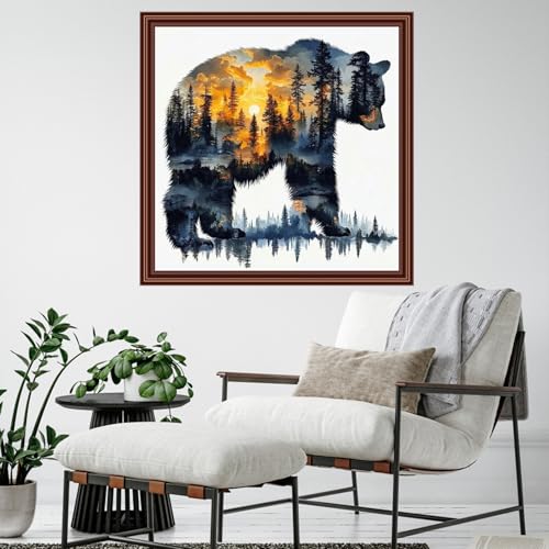 Dimensean Counted Cross Stitch Kit for Beginners, 11CT Unprinted Cross-Stitch Kit Easy Patterns Needlepoint Kit Cross Stitching Embroidery Kit Supplies-Abstract Bear Landscape 18x18 inch - color: ColornNEW23