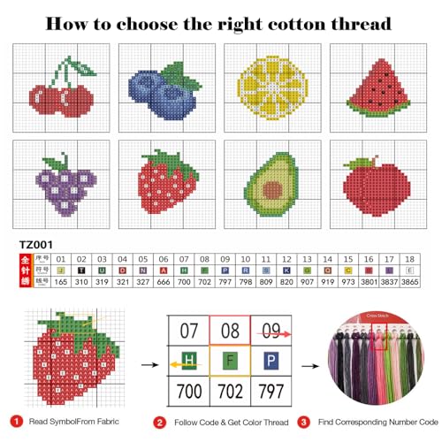 VIGEGU 8 Pack Fruit Stamped Cross Stitch Kits for Kids Beginners with Frame - color: Fruit