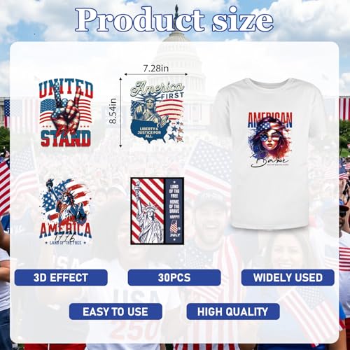 30Pcs Patriotic 4th of July Dtf Transfers Ready to Press Independence Day Iron on Transfers for Tshirts 250th Anniversary Transfer Vinyl Stickers for Clothing Pillows Bag DIY Crafts - color: 4th of July