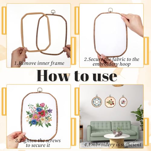Oqqlin 9 Pcs Embroidery Hoop Frame, 4 Shapes Large Imitated Wood Cross Stitch Hoop Ring with Scissors Display Decorative Embroidery Hoops for DIY Arts, Crafts, Sewing, Hanging Ornaments Decor