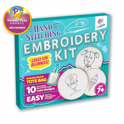 CraftLab Embroidery Kit for Kids - Beginner Sewing Kit with 10 Projects, Hoops, Thread, Patterns