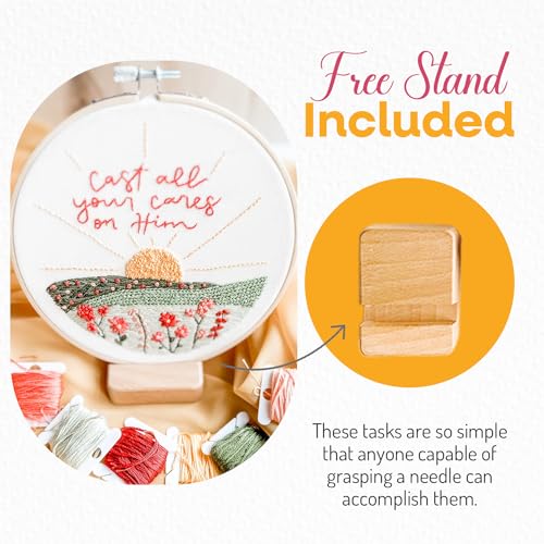 Elly & Grace Christian Embroidery Kit with Embroidery Hoop, Easy Embroidery Kit for Beginners and Adults, Full Embroidery Hoop Kit with Needles and Thread Included (Cast All Your Cares) - style: Cast All Your Cares