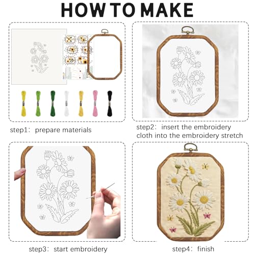 INFUNLY 6 Pack Octagon Daisy Embroidery Starter Kit 7.9×5.9inch Vintage DIY Embroidery Kits for Adults Stamped Needlepoint Set with Step-by-Step Instructions Colorful Threads Craft Lover Gift - style: Vintage Daisy