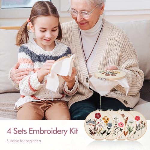 Embroidery Kit, 4 Pack Embroidery Kit for Beginners with Flower Pattern - color: KIT 02