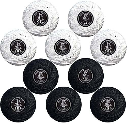 Colored BIRDCrochet Thread, Size 8 Crochet Yarn，2 Ply Cotton Yarn, 10 Balls (White&Black) - color: White&black
