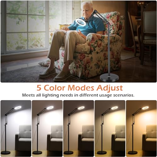 Real Glass Magnifying Glass with Light and Stand, LED 5 Color Modes, Stepless Dimmable Magnifying Floor Lamp, 3-in-1 Adjustable Swing Arm Lighted Magnifier Lamp with Clamp for Reading, Craft - Black - color: Black