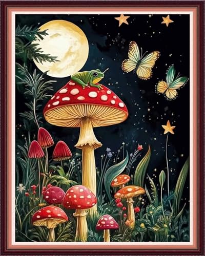 Funxvoot Stamped Cross Stitch Kits for Beginners or Adults Embroidery Starter Patterns | DIY Printed Cross Stitch Kits Needlepoint for Adults 11CT-Mushroom Moon 16x20 inch - color: color04