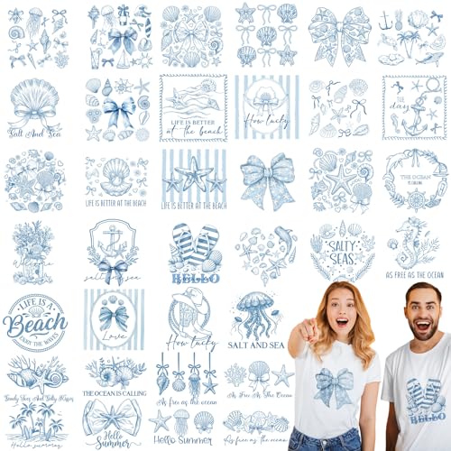 Tellingyou 36 Sheets Beach Party Iron on Transfers Blue Bow Iron on Patch - style: Ocean