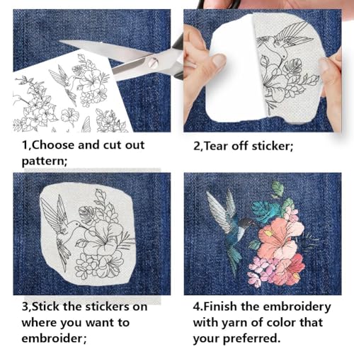 BENECREAT 4Sheets 60Pcs Hibiscus Hummingbird Water Soluble Embroidery, 11.7x8.3inch Stick and Stitch Embroidery Paper Stabilizer Water Soluble Hand Sewing for Shirts, Coats, Bags - color: Hibiscus and Hummingbird
