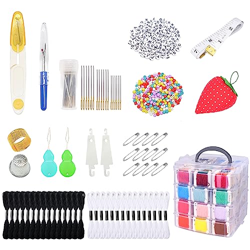 VICOVI 1080 Pack Embroidery Floss Thread Kit Including 200 Colors and 30 SkeinsWhite & Black Embroidery Thread Cross Stitch Sewing Thread with 850 Pcs Cross Stitch Tool and 4-Tier Transparent Box