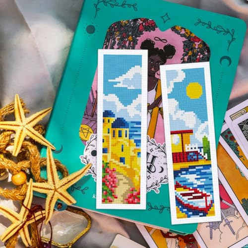 BEUNITONE 6 Pcs Summer Cross Stitch Bookmark Kits for Adults Beginners DIY Scenery Bookmarks Cross Stitch Kits with Instructions Bookmarks Punch Needle Kit for Book Lovers Reader Gift 8''x2.4'' - style: Coastal Scenery