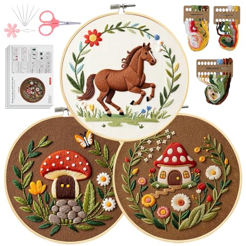 Santune 3 Pack Embroidery Kit Cross Stitch Needlepoint Kits for Beginners Adult Needle Point Sets with Mushroom & Horse Embroidery Patterns, Includes Step-By-Step Instructions & Accessories - color: Mushroom & Horse Series