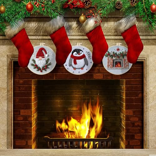 EOBTAIN 3 Pcs Funny Christmas Embroidery Kit for Beginners,Red Gnome and Penguin Embroidery Starter Kit Winter Xmas Fireplace Stamped Patterns with Hoop,Thread,Needles,Hand DIY Craft Kits for Adults - color: Red White