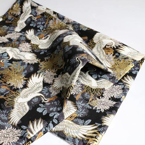 White Crane Fabric,160 GSM Japanese Black Cotton Fabric Gold Hot Stamping,59 Inches Wide for Sewing Clothing Bag Tablecloth Sofa Pillow DIY Craft (3 Yard pre Cut) - color: White Crane, size: 3 yard