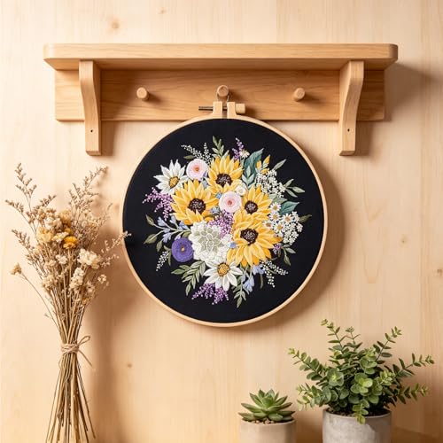 Silentsea Floral Embroidery Kit with Hoop, Sunflower Bouquet Pattern, 3 Designs, Beginner Cross Stitch Set