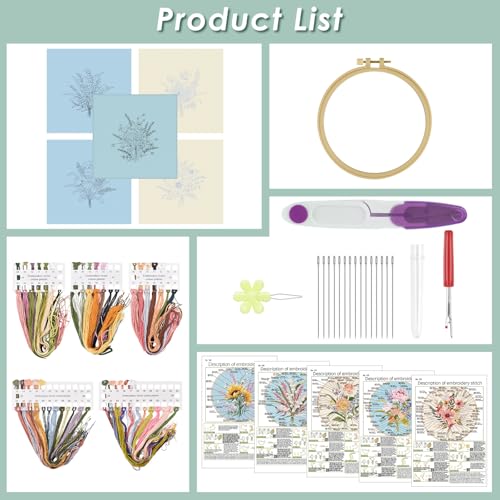 ERKOON Embroidery Kit for Beginners, 5 Sets Flower Cross Stitch Set for Adults Include Embroidery Cloth Hoops Threads for Craft Lover Hand Stitch with Skill Techniques (Bouquet) - color: Bouquet