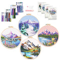 Harimau Adult Beginner Embroidery Starter Kit, Complete Set with 4 Patterns, 2 Hoops, Needles, Scissors, Instruction Guide & Stitching Video Tutorials - color: Mountain