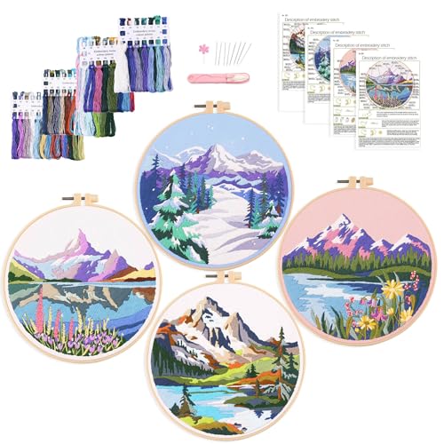 Harimau Adult Beginner Embroidery Starter Kit, Complete Set with 4 Patterns, 2 Hoops, Needles, Scissors, Instruction Guide & Stitching Video Tutorials - color: Mountain
