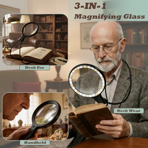Hands Free Neck Wear Magnifying Glass with 30 LED Lights, Full Book Page 5X/10X Rechargeable Reading Magnifier Flexible Gooseneck Magnifiers for Seniors, Low Vision, Sewing, Crafts & Close Work