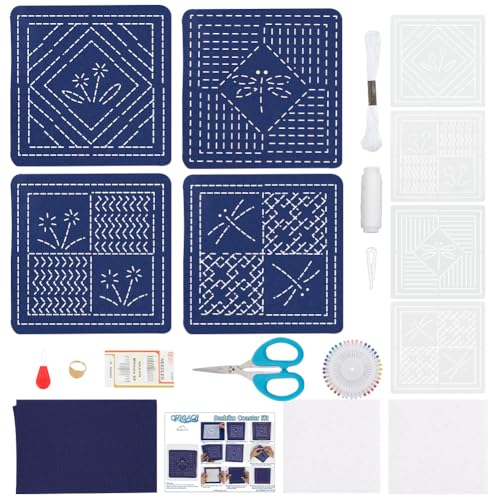 FREEBLOSS 4 Set DIY Sashiko Coaster Kit Dragonfly Sashiko Kit Beginner Flowers Embroidery Kits with 4 Sashiko Coaster Samplers Japanese Embroidery Kits for Adults for Art Craft Gift