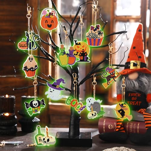 WILLBOND 30 Pcs Glow in Dark Halloween Diamond Art Keychain Ornaments - color: Glowing