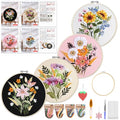 WKALXJ 4 Sets Embroidery Kits for Beginners Cross Stitch Kits Needlepoint Kits Crafts for Adults with Tools, Threads, Instructions, Needle Point Kits with Flower Stamped Patterns (Flowers B)