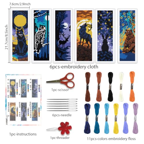 BEUNITONE 6 Pcs Cross Stitch Bookmark Kit for Beginner Black Moon Animals Counted Cross Stitch Kit with Instruction Stamped Embroidery Bookmarks Handmade for DIY Crafts Book Lovers 8.5''x3'' - style: Animal and Night Scene