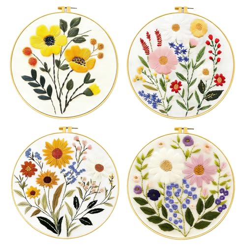 Zhenqing 4-Piece Floral Embroidery Kit for Beginners - Complete Set with Printed Cotton Fabric, Hoop, Threads & Tools (C0155) - color: C0155